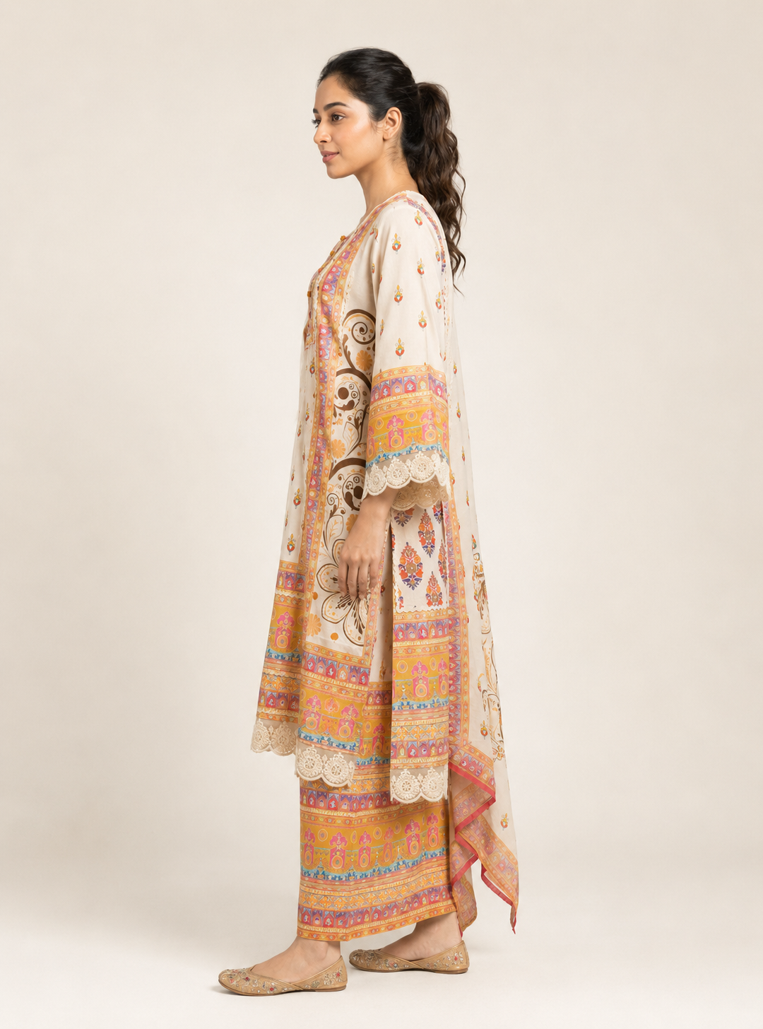 Ivory Grace Off White Mull Cotton Short Anarkali Suit Set with Dupatta