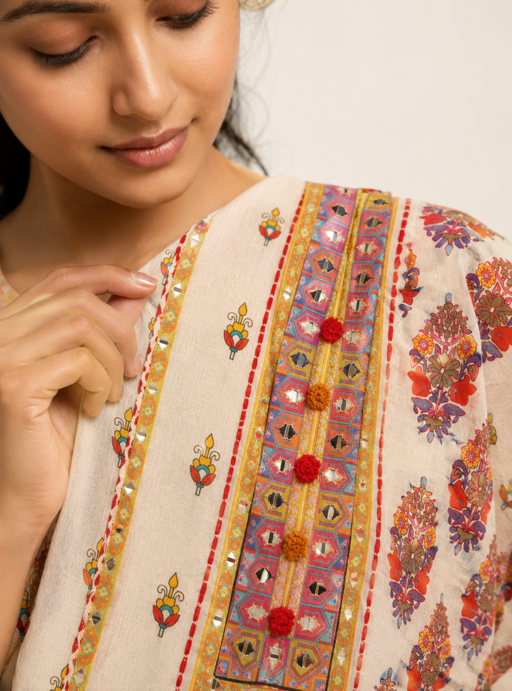Ivory Grace Off White Mull Cotton Short Anarkali Suit Set with Dupatta