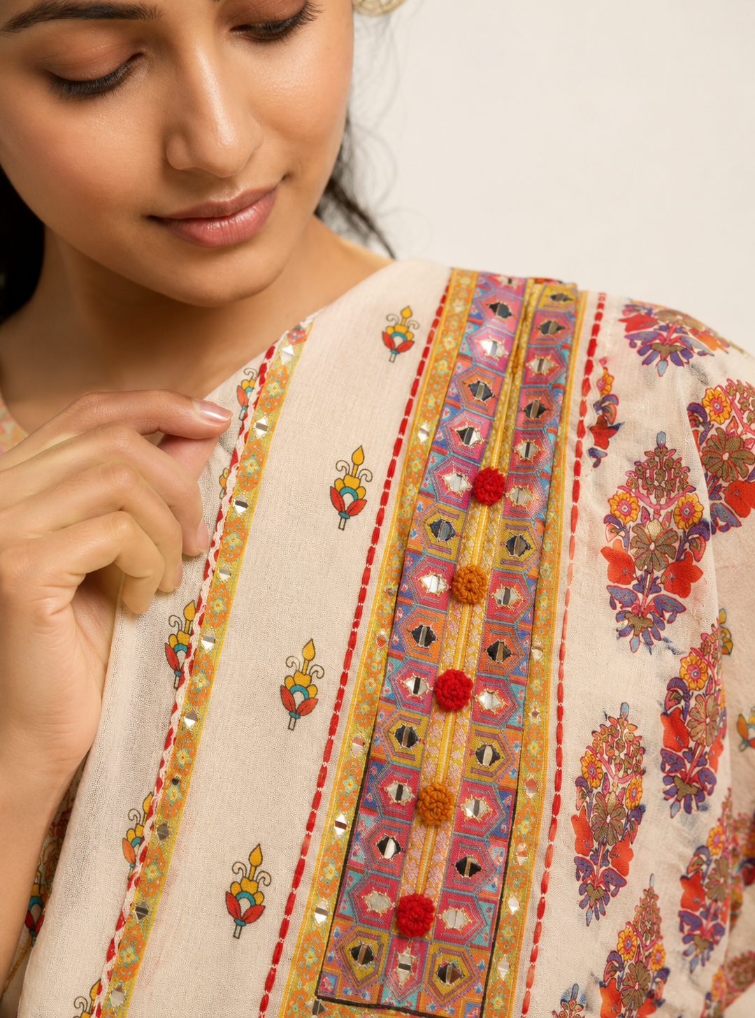 Ivory Grace Off White Mull Cotton Short Anarkali Suit Set with Dupatta