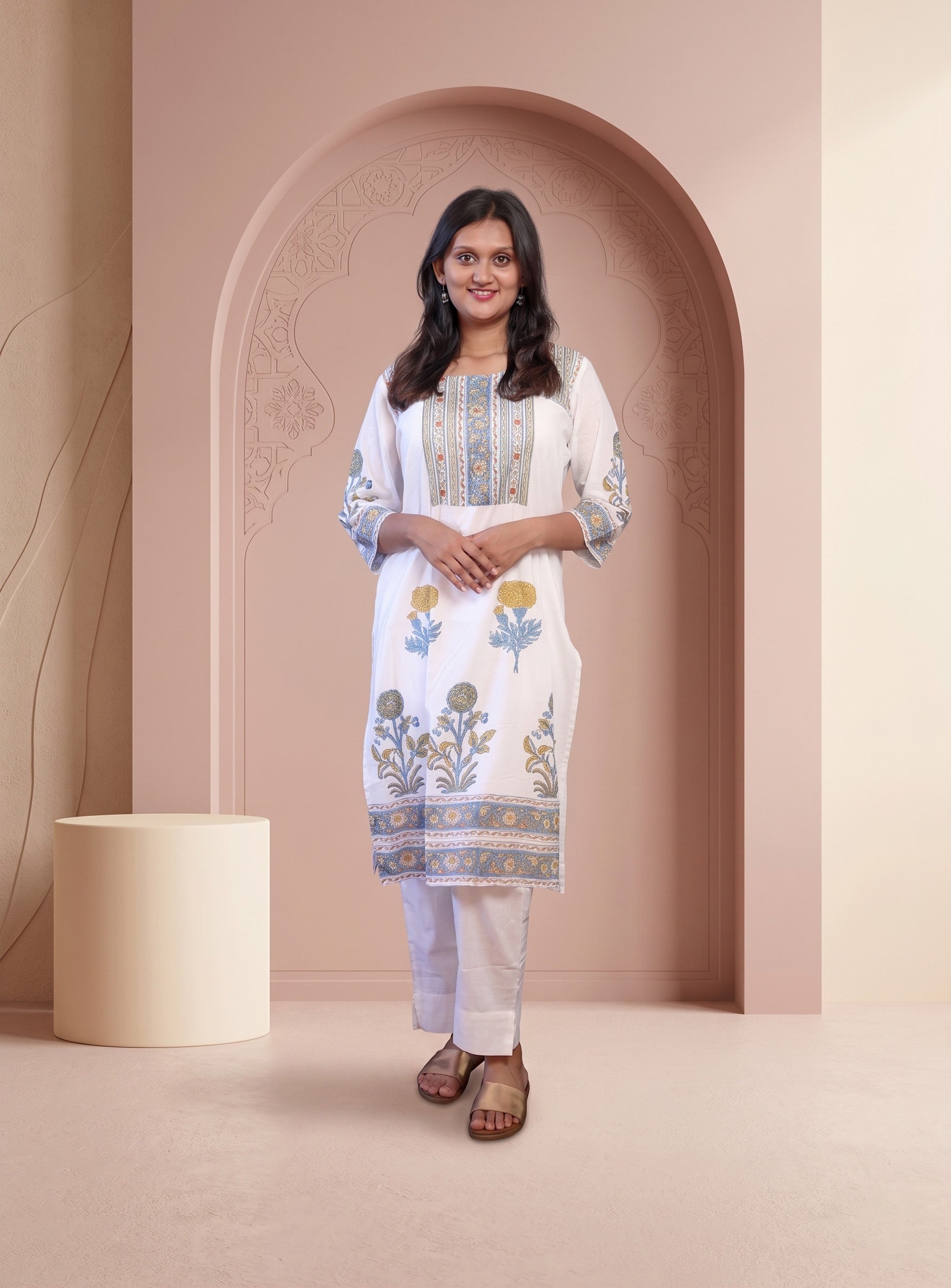 White Block print mull cotton co -ords