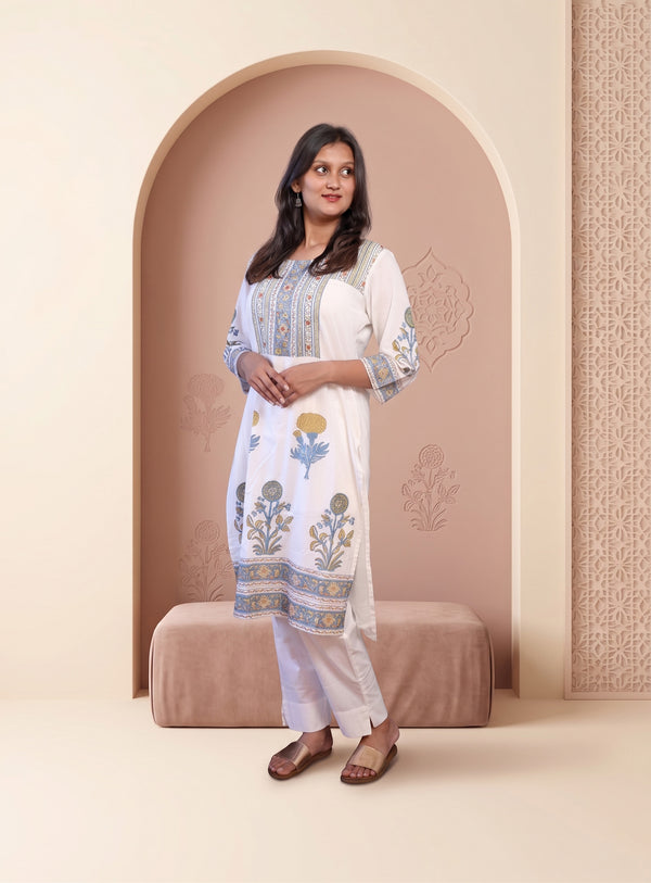 White Block print mull cotton co -ords