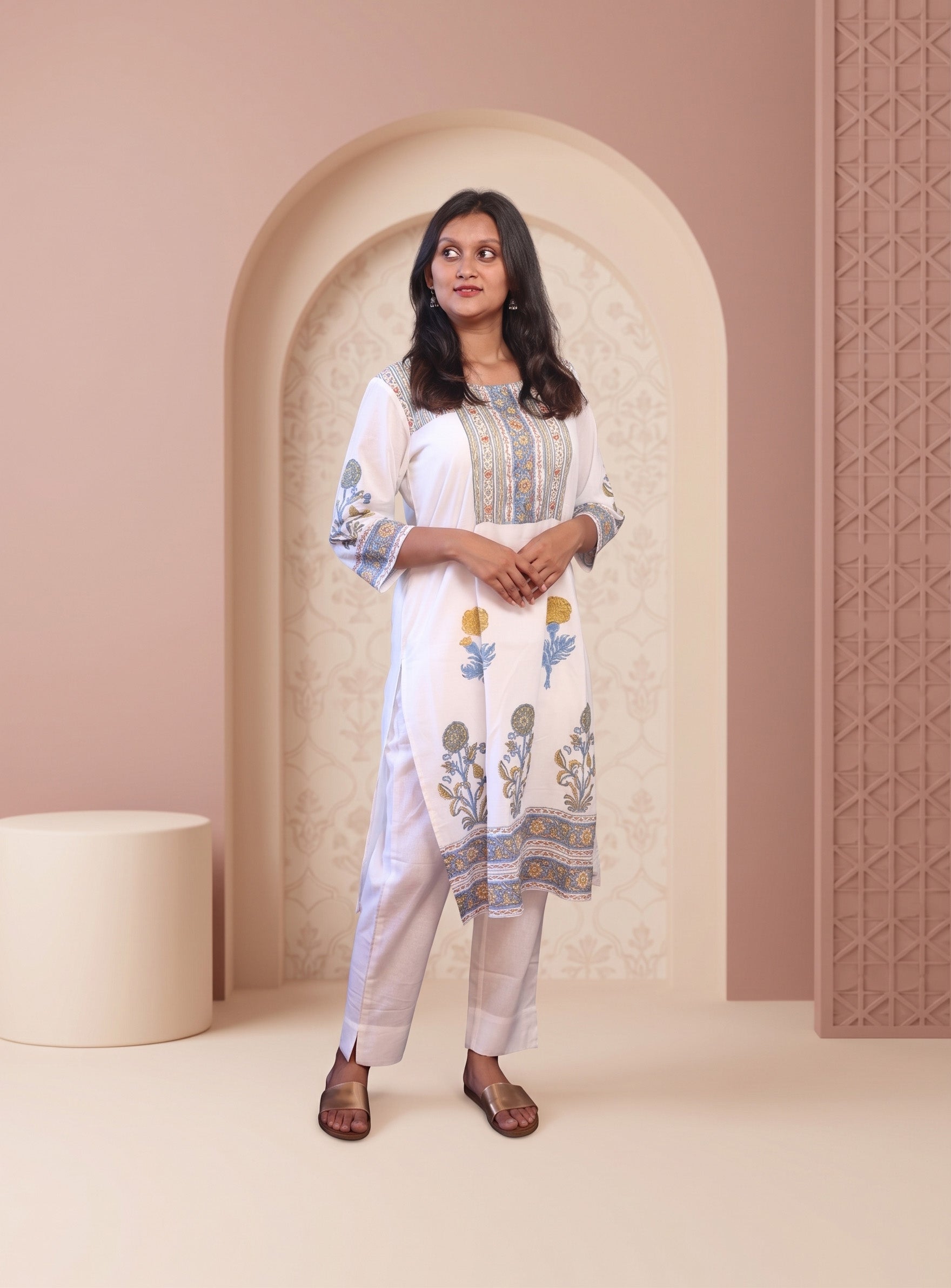 White Block print mull cotton co -ords