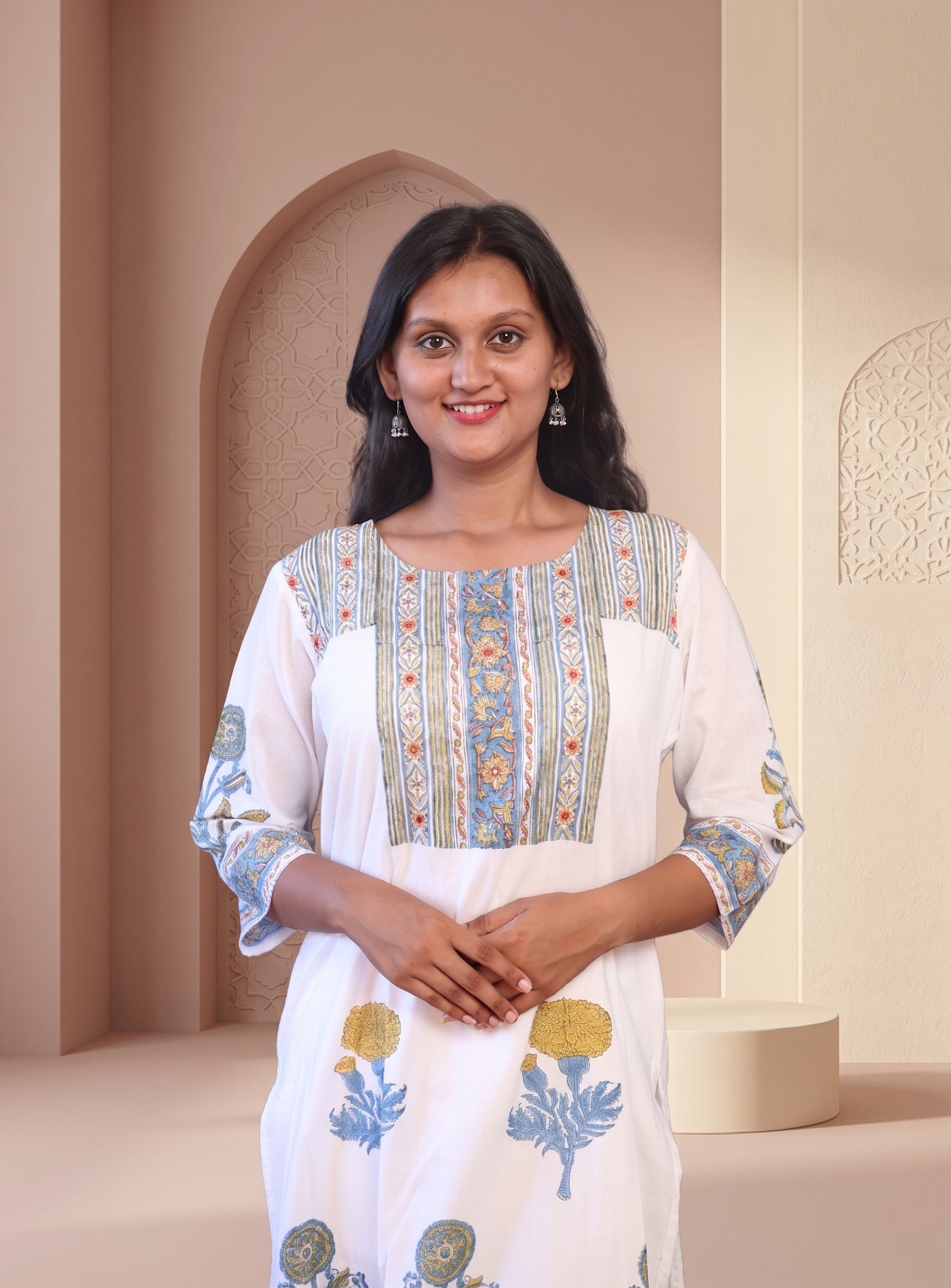 White Block print mull cotton co -ords