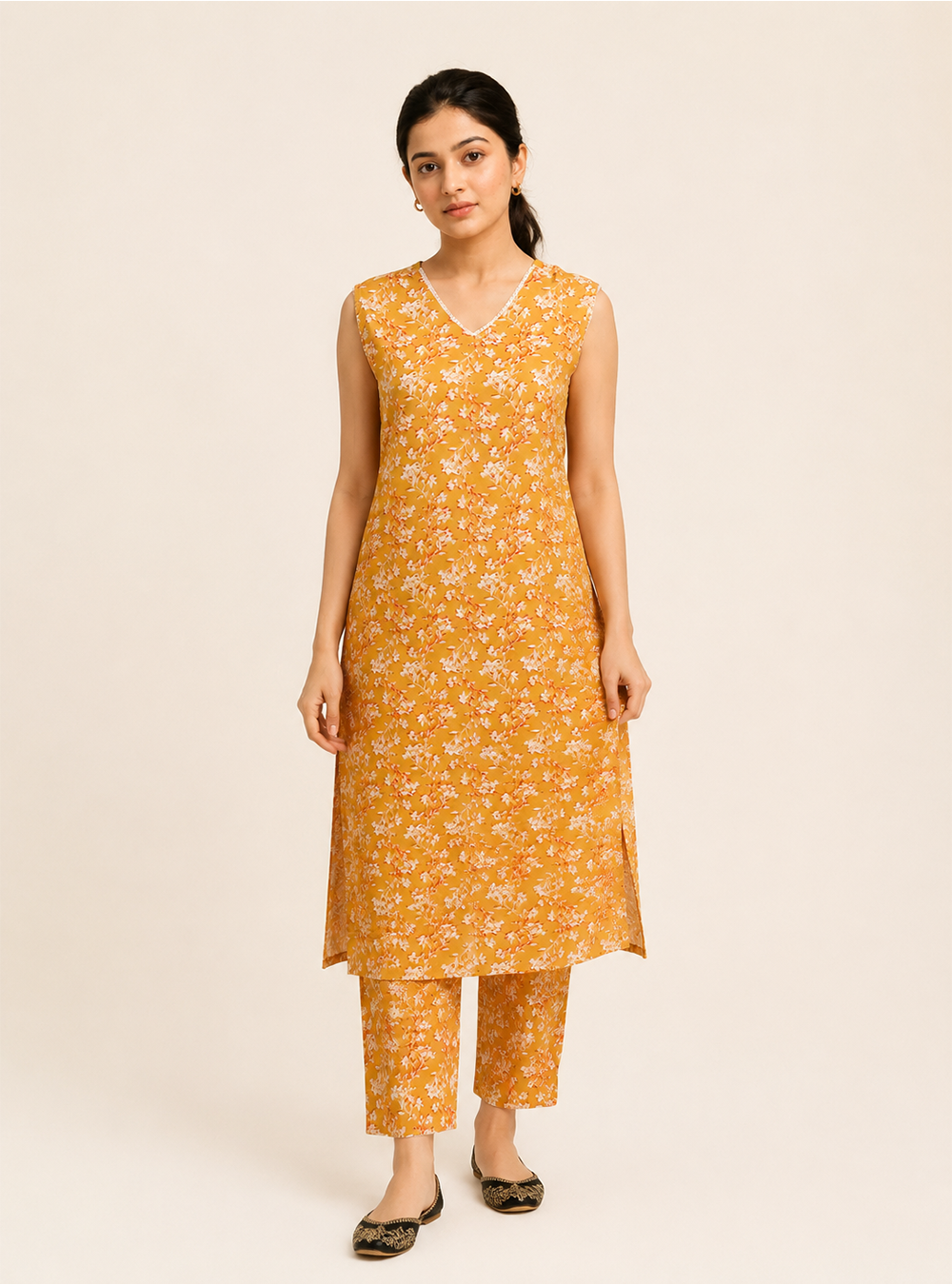Golden Petal Mustard Floral Cotton Sleeveless Co-Ord Set