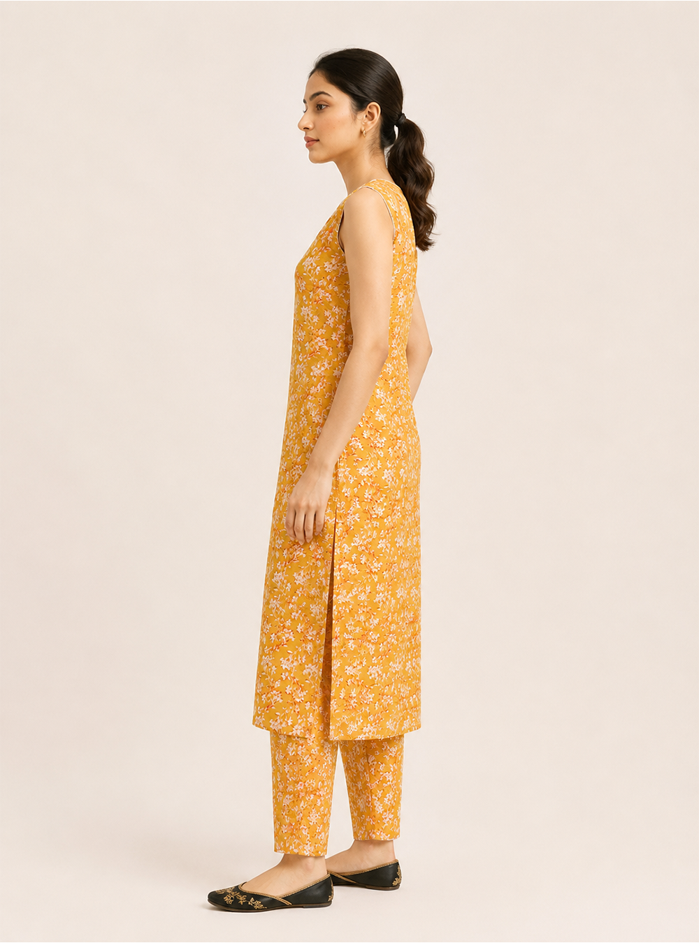 Golden Petal Mustard Floral Cotton Sleeveless Co-Ord Set