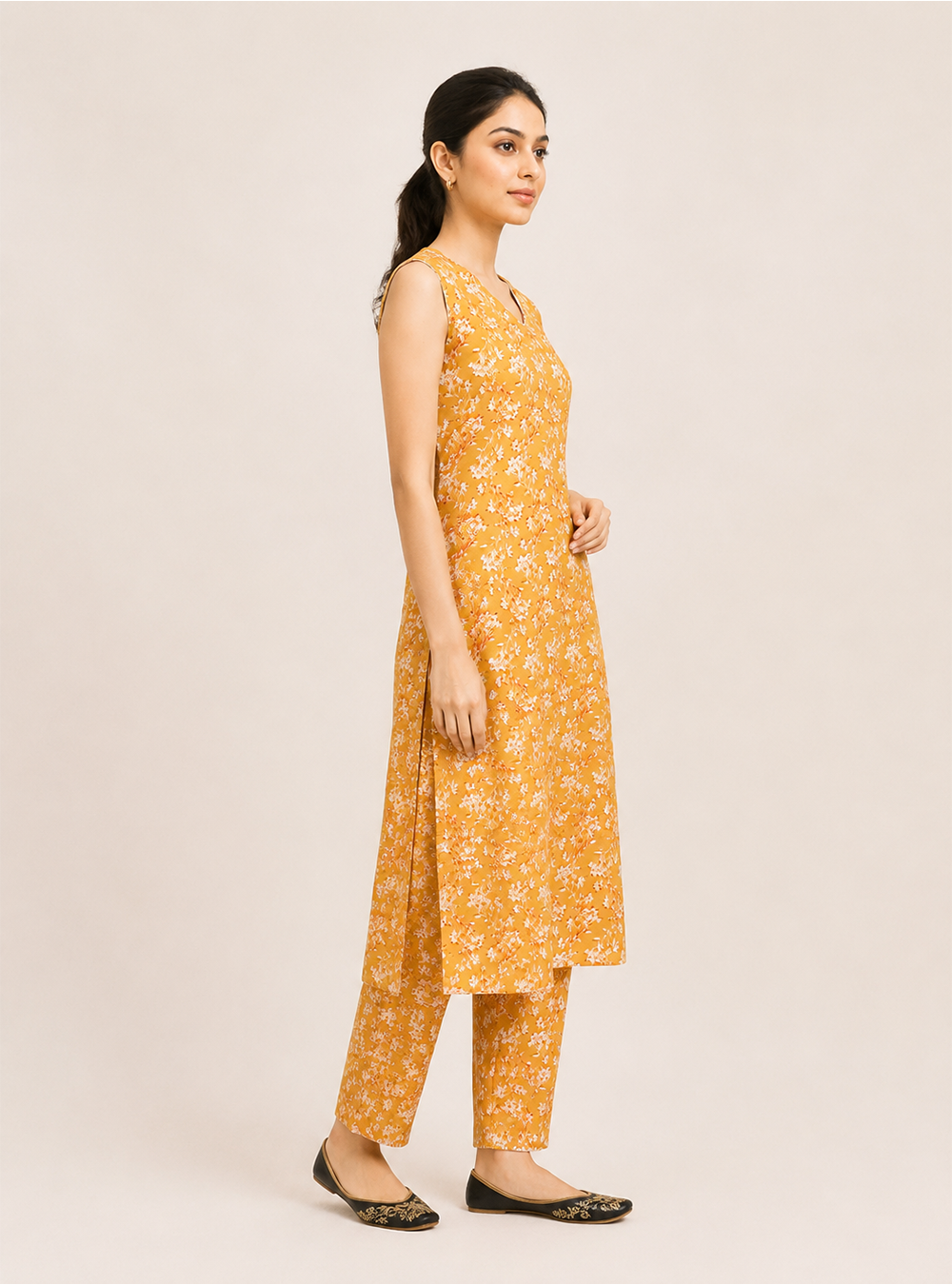Golden Petal Mustard Floral Cotton Sleeveless Co-Ord Set