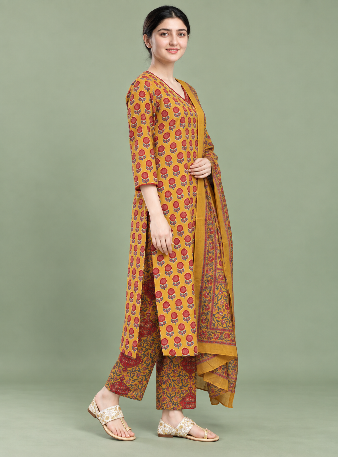 Mustard Cotton Block Print Angrakha Suit Set – Indieshades