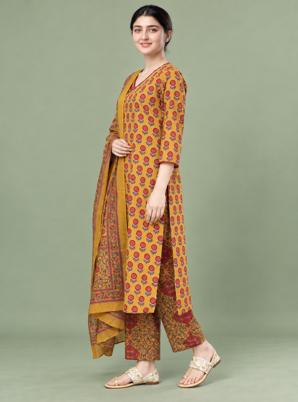 Mustard Cotton Block Print Angrakha Suit Set – Indieshades