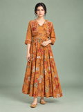 Terra Bloom Rust Hand Block Cotton Three-Layer A-Line Dress with Jacket
