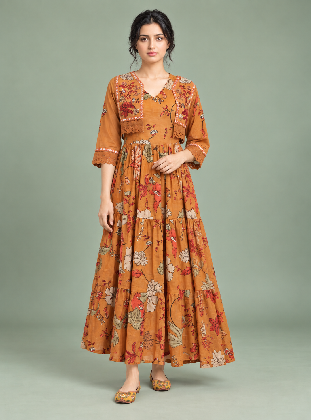 Terra Bloom Rust Hand Block Cotton Three-Layer A-Line Dress with Jacket