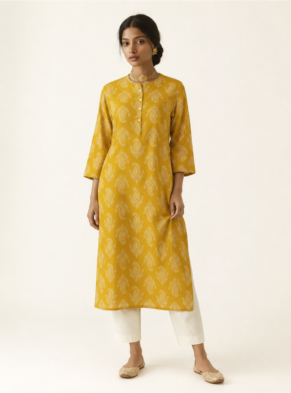 Golden Fern Mustard Printed Cotton Straight Kurti