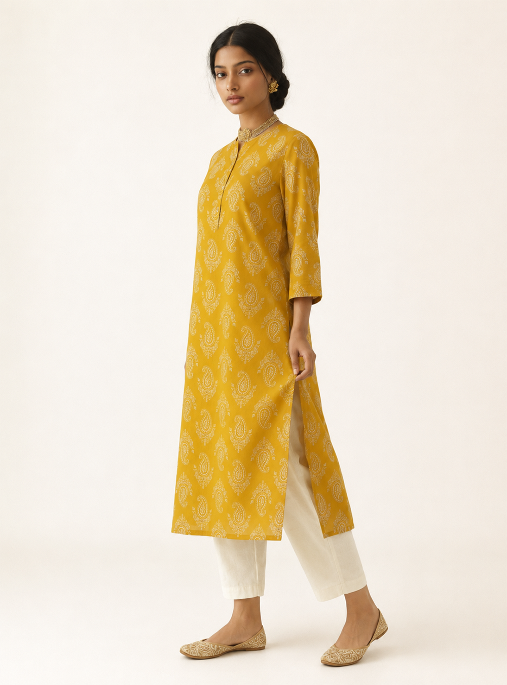 Golden Fern Mustard Printed Cotton Straight Kurti