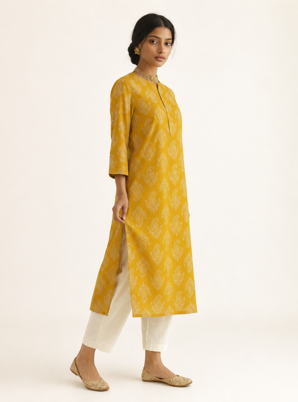 Golden Fern Mustard Printed Cotton Straight Kurti