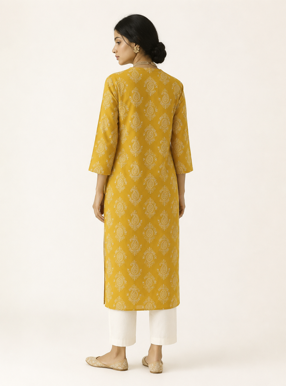 Golden Fern Mustard Printed Cotton Straight Kurti