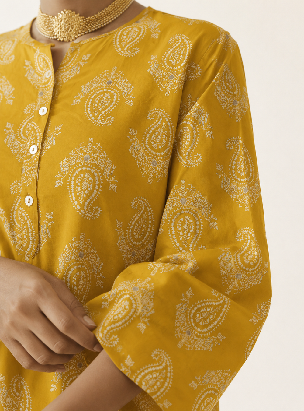 Golden Fern Mustard Printed Cotton Straight Kurti