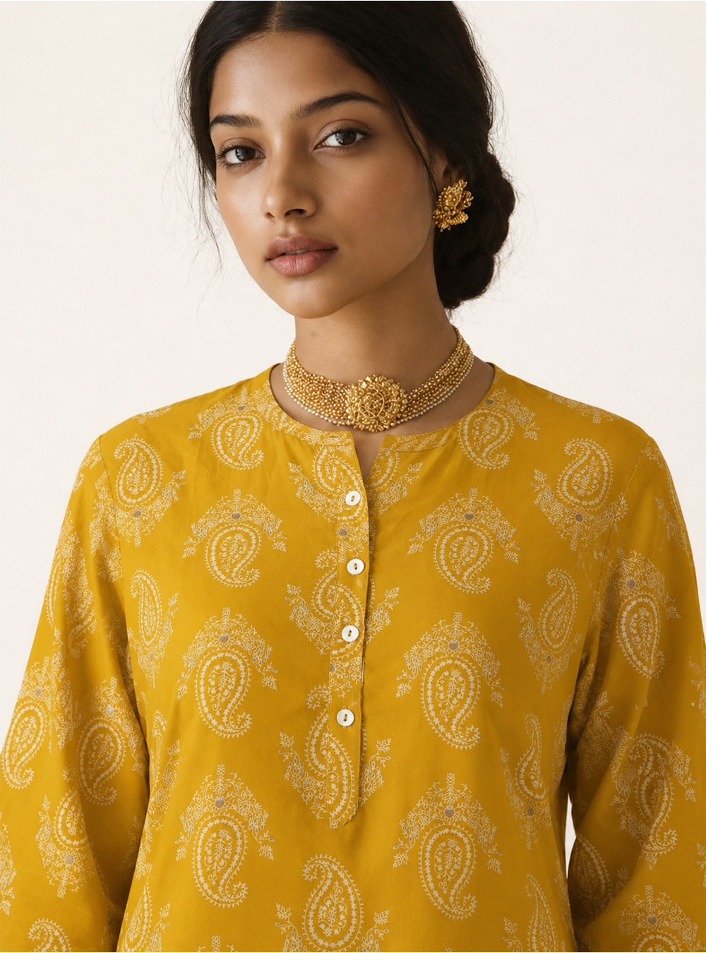 Golden Fern Mustard Printed Cotton Straight Kurti
