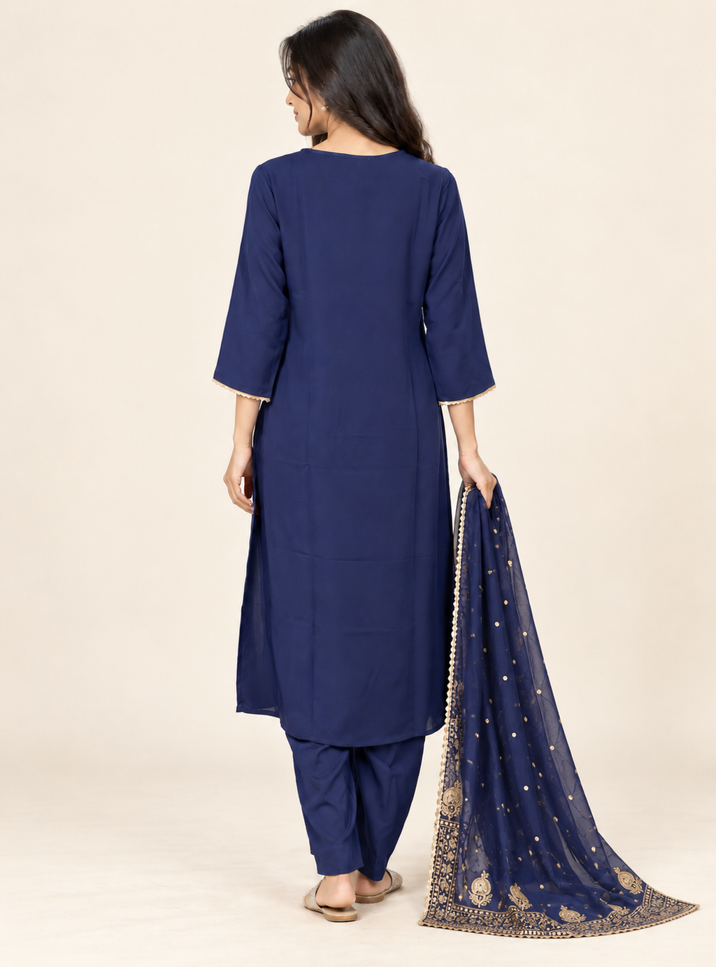 Blue Regency Royal Blue Silk Blend Straight Suit Set with Golden Lace Dupatta