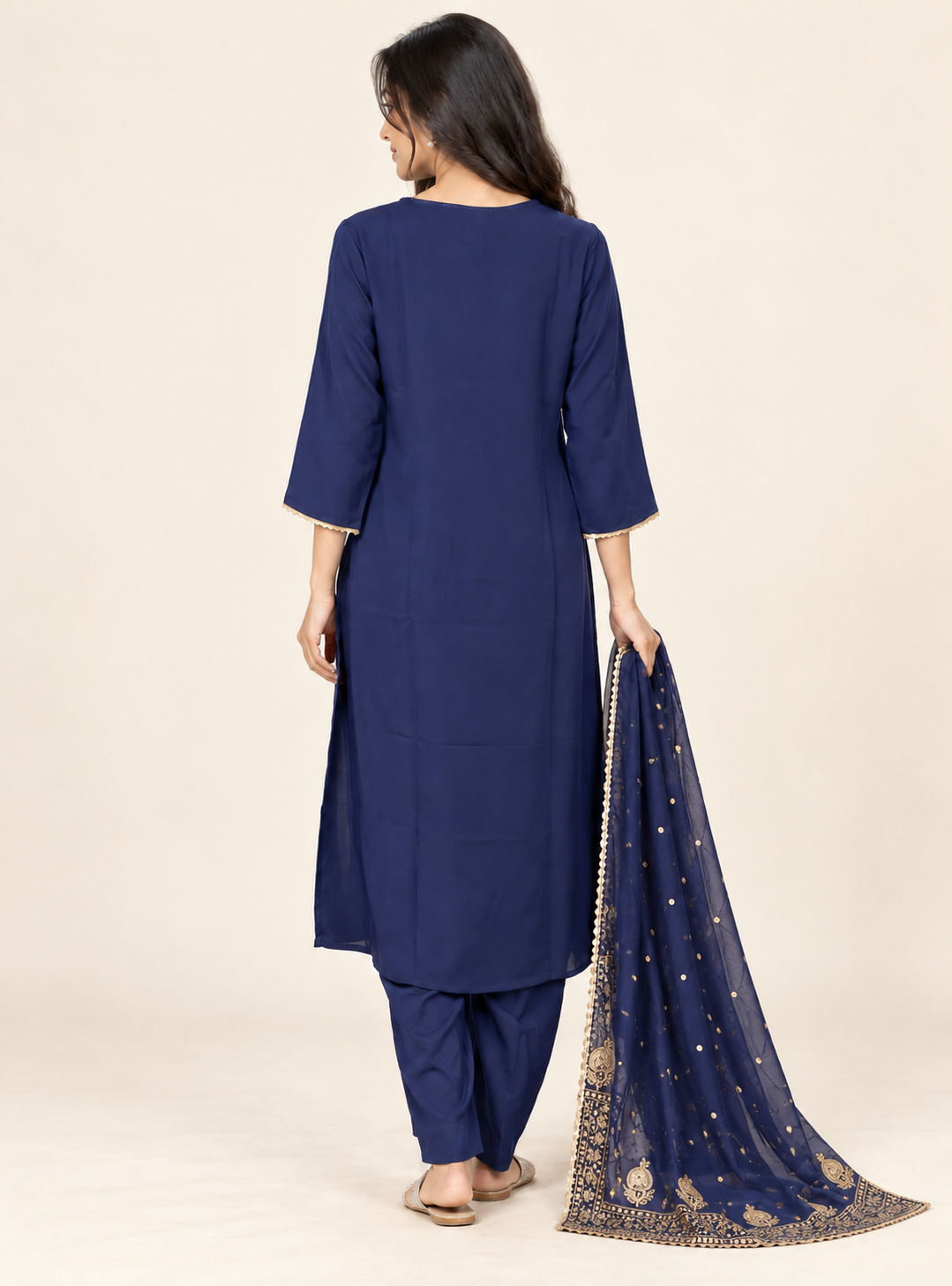 Blue Regency Royal Blue Silk Blend Straight Suit Set with Golden Lace Dupatta