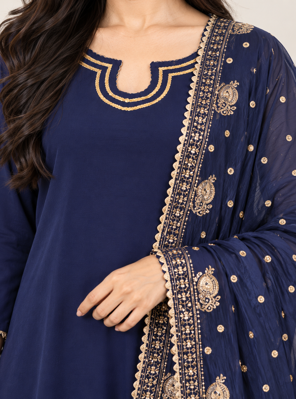 Blue Regency Royal Blue Silk Blend Straight Suit Set with Golden Lace Dupatta