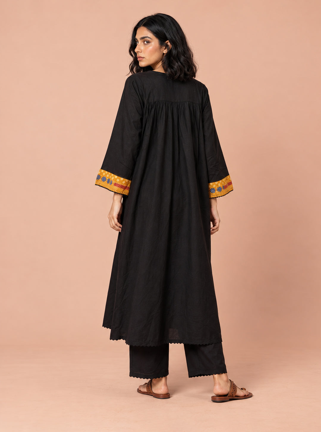 Noir Dabu Black Pure Cotton A-Line Suit Set with Mirror & Hand Work