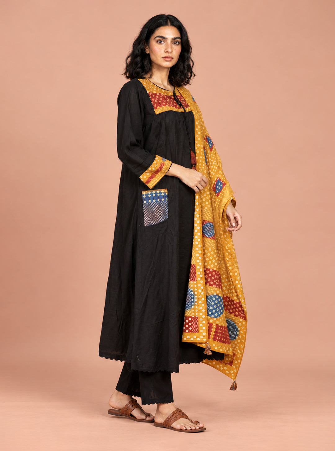 Noir Dabu Black Pure Cotton A-Line Suit Set with Mirror & Hand Work