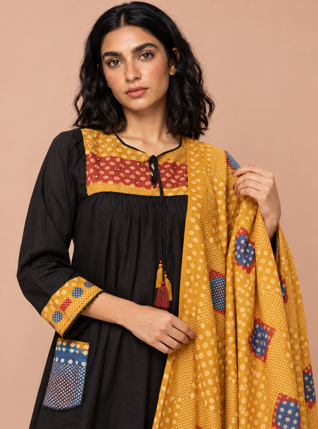 Noir Dabu Black Pure Cotton A-Line Suit Set with Mirror & Hand Work