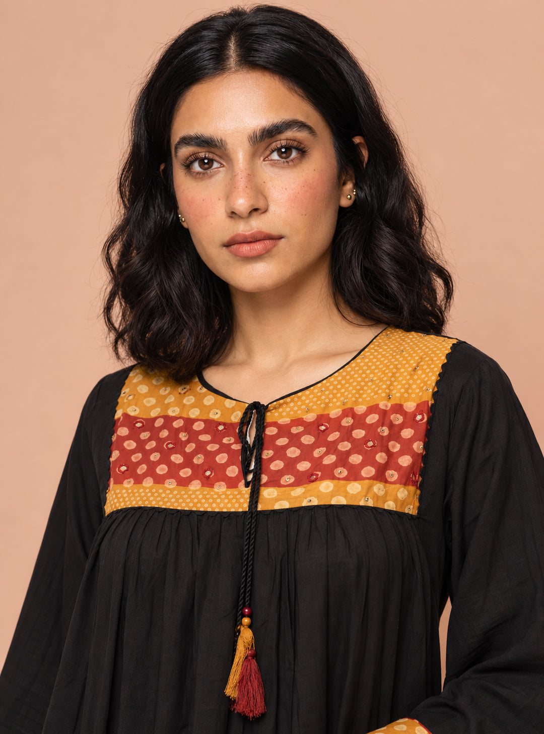 Noir Dabu Black Pure Cotton A-Line Suit Set with Mirror & Hand Work