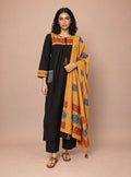 Noir Dabu Black Pure Cotton A-Line Suit Set with Mirror & Hand Work
