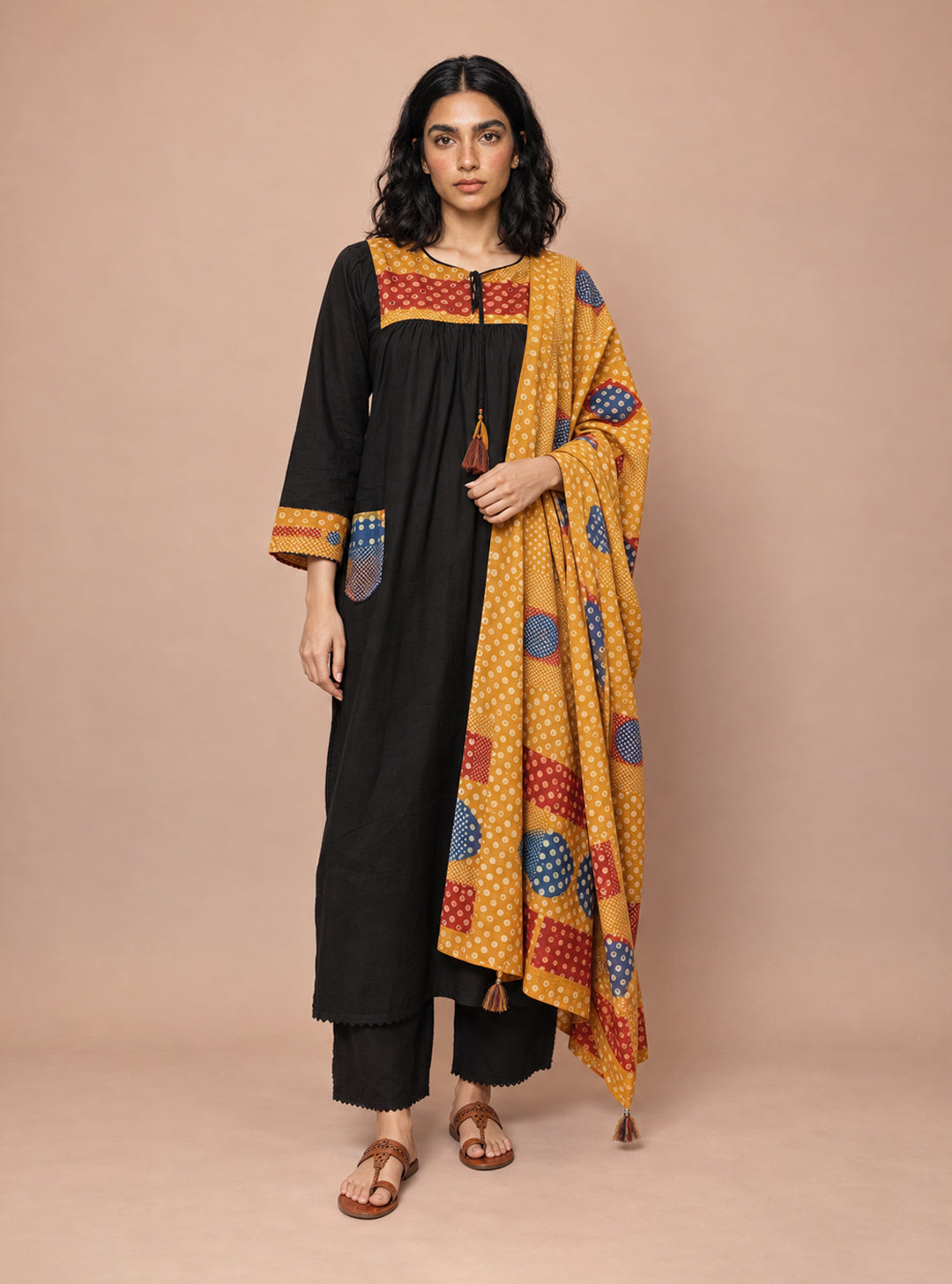 Noir Dabu Black Pure Cotton A-Line Suit Set with Mirror & Hand Work