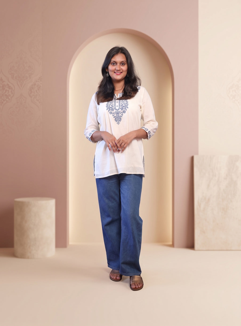 Off white cotton embroidery short kurti