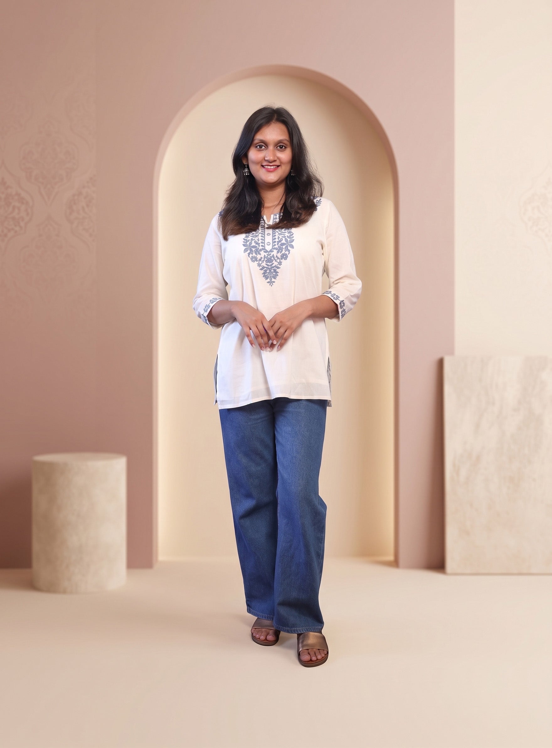 Off white cotton embroidery short kurti