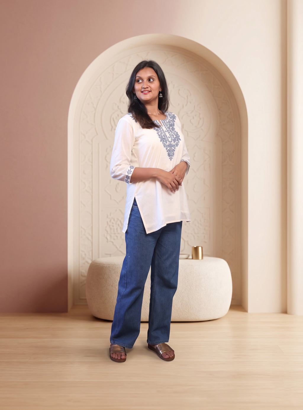 Off white cotton embroidery short kurti