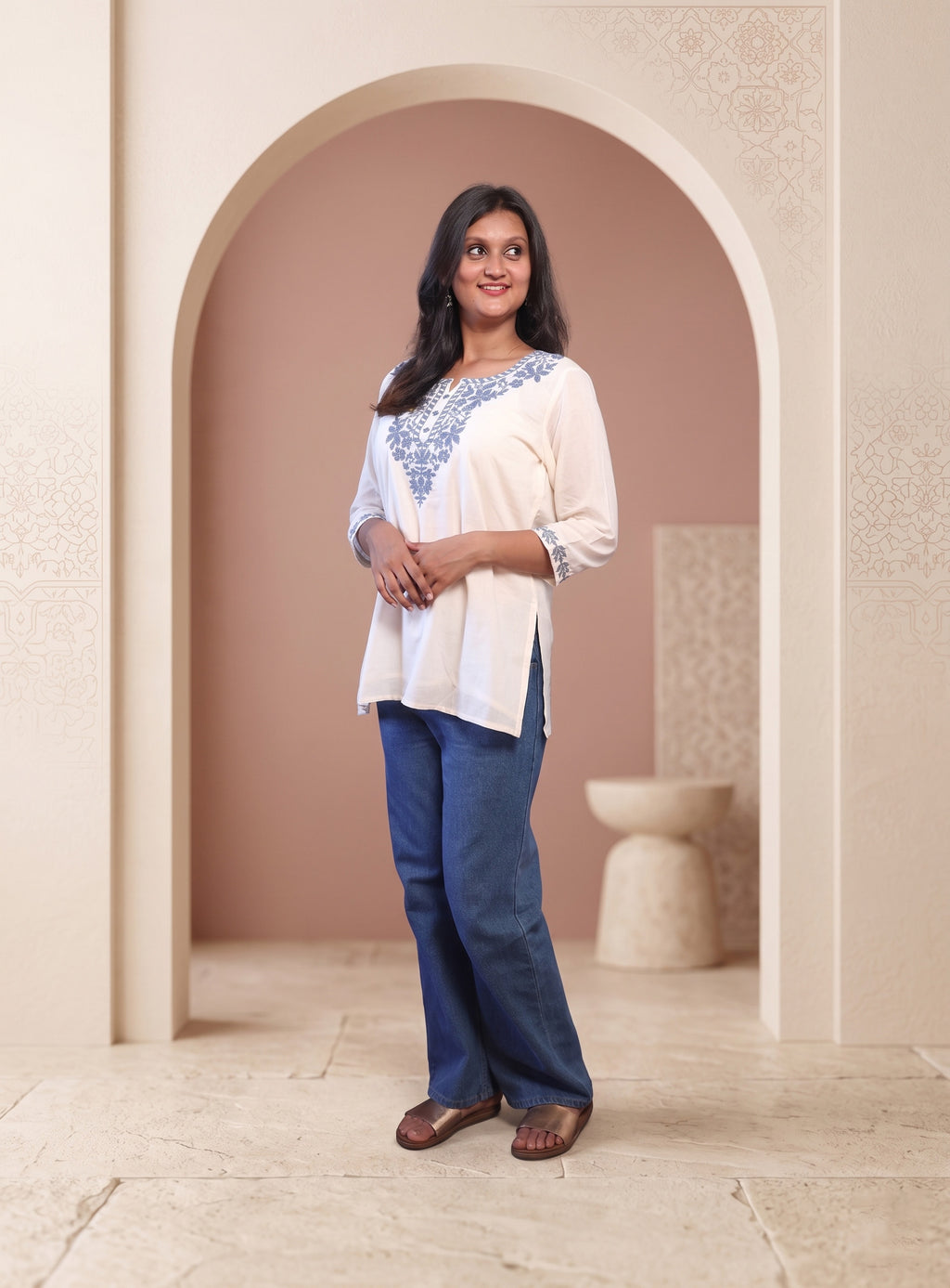 Off white cotton embroidery short kurti