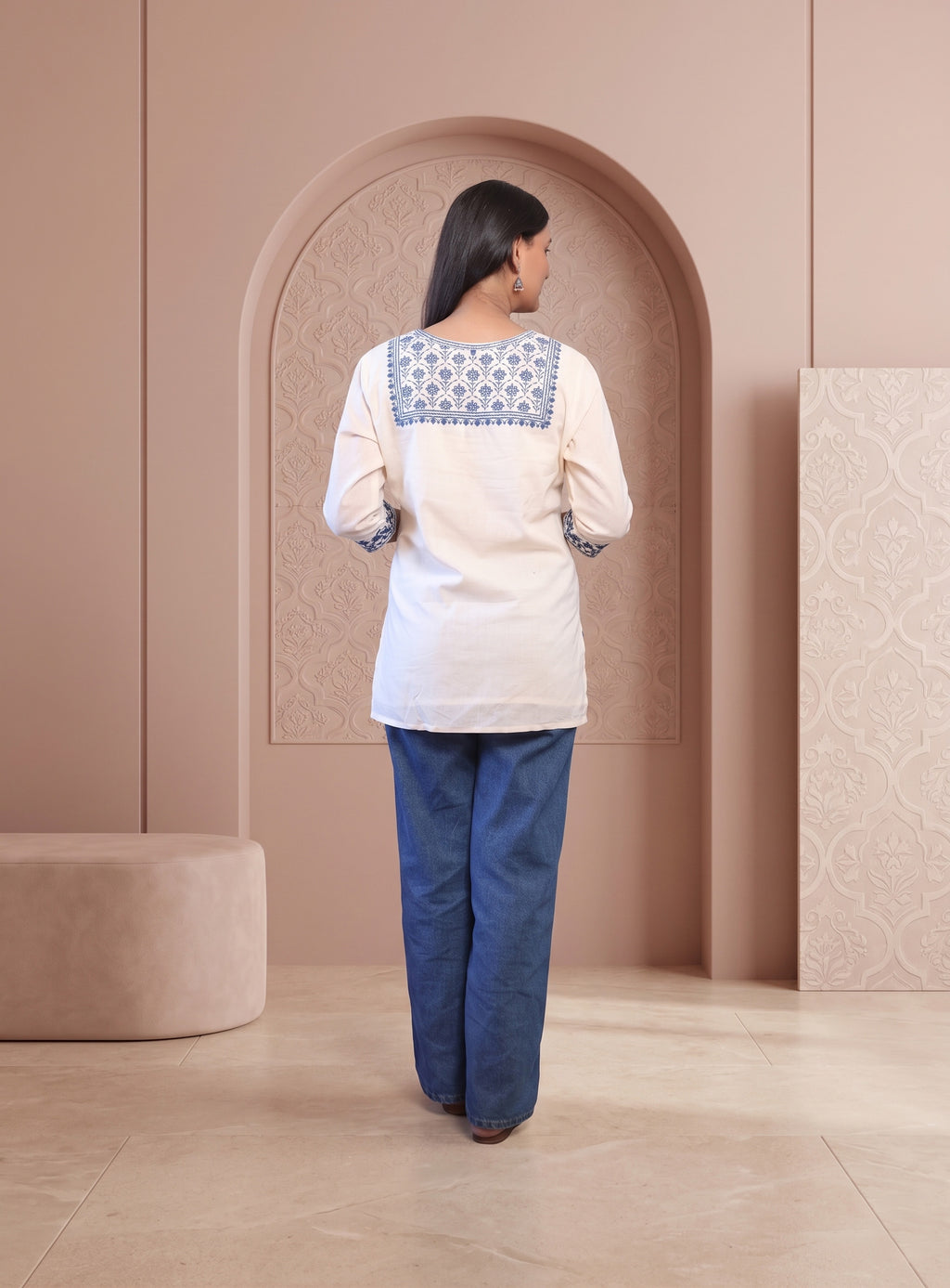 Off white cotton embroidery short kurti
