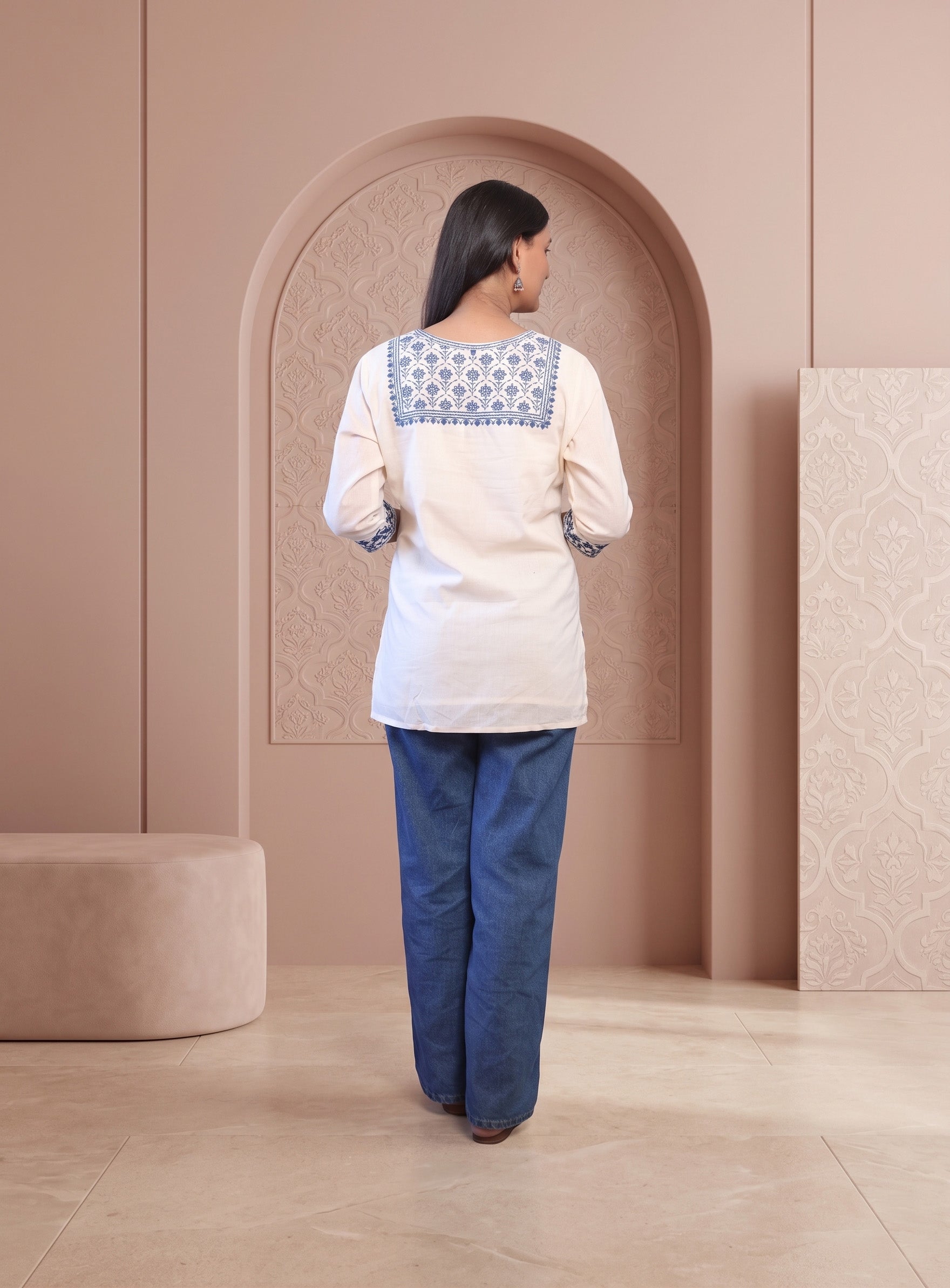 Off white cotton embroidery short kurti