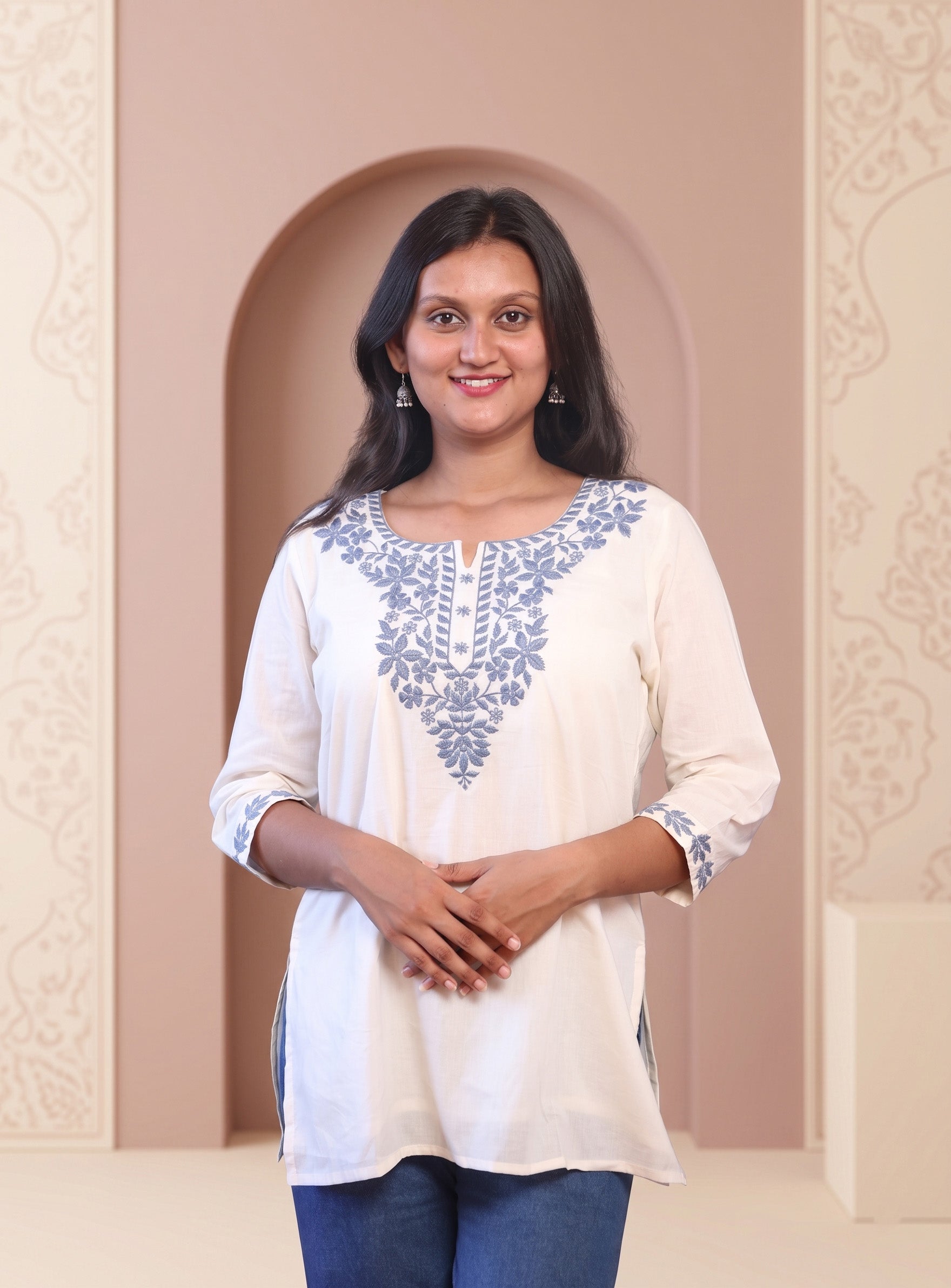 Off white cotton embroidery short kurti