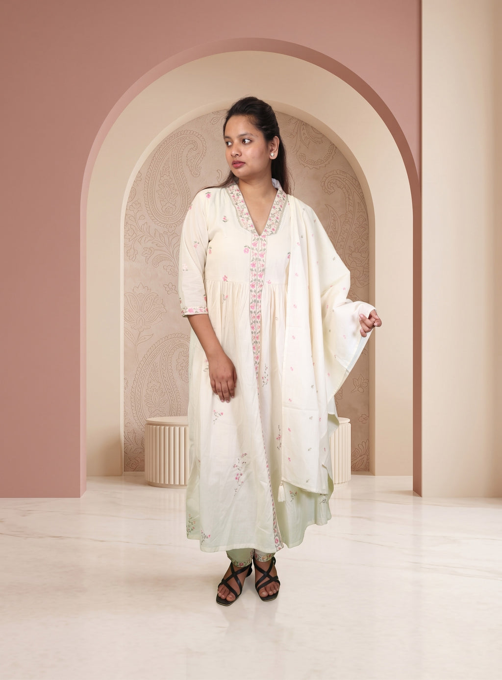 Off white thread work cotton A-line suit set with dupatta