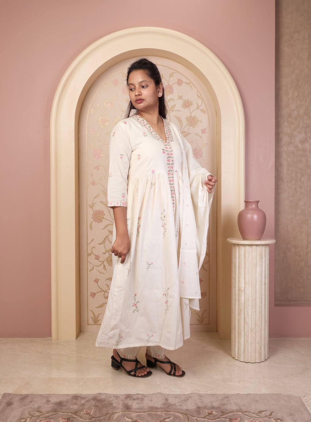 Off white thread work cotton A-line suit set with dupatta