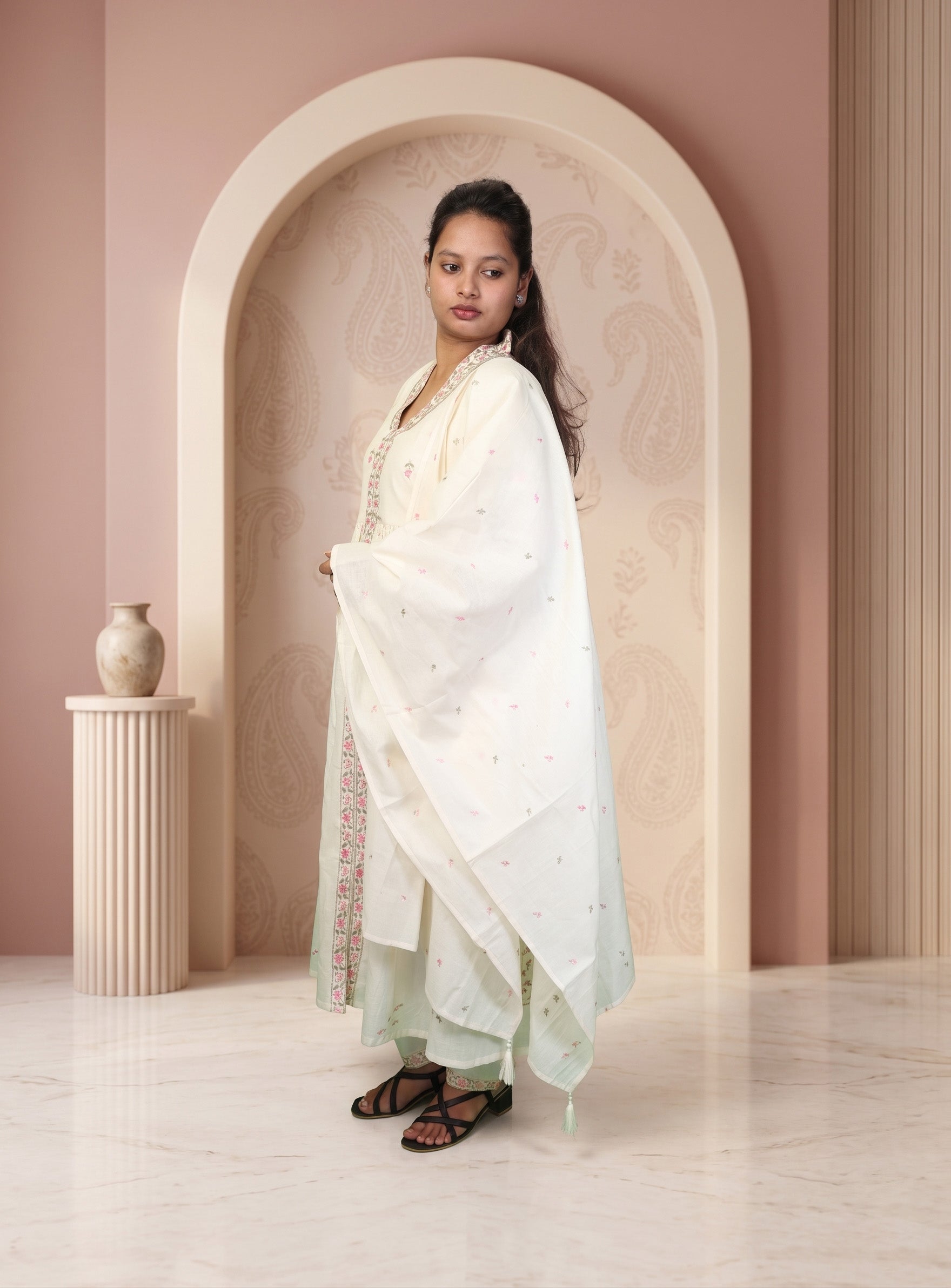 Off white thread work cotton A-line suit set with dupatta