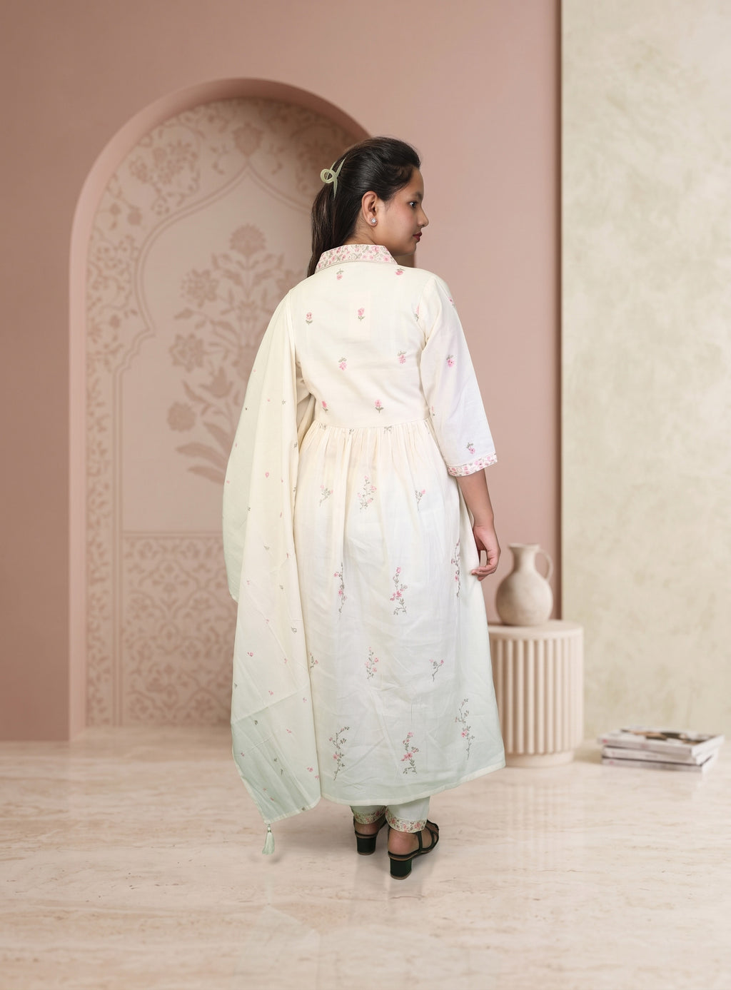 Off white thread work cotton A-line suit set with dupatta