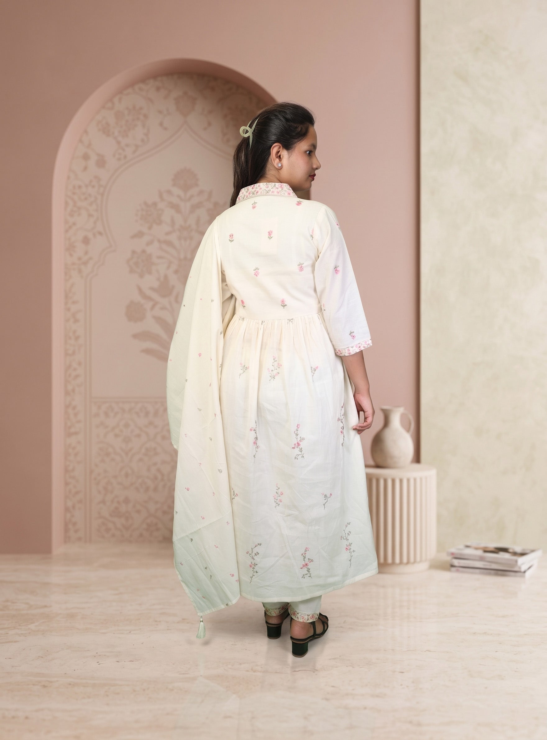 Off white thread work cotton A-line suit set with dupatta