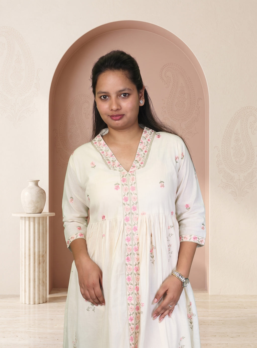 Off white thread work cotton A-line suit set with dupatta