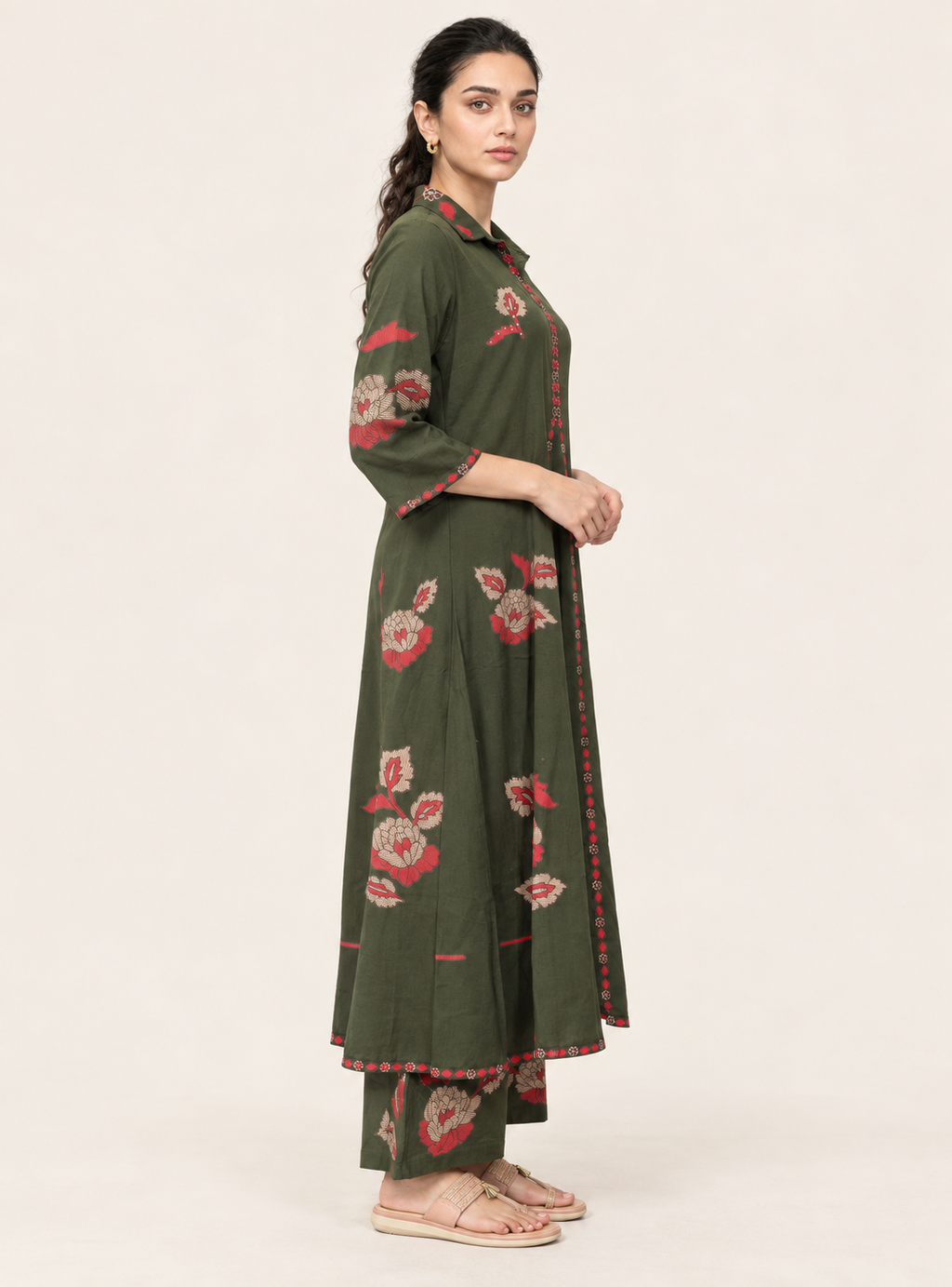 Olive Atelier Green Linen Blend Layered A-Line Co-Ord Set
