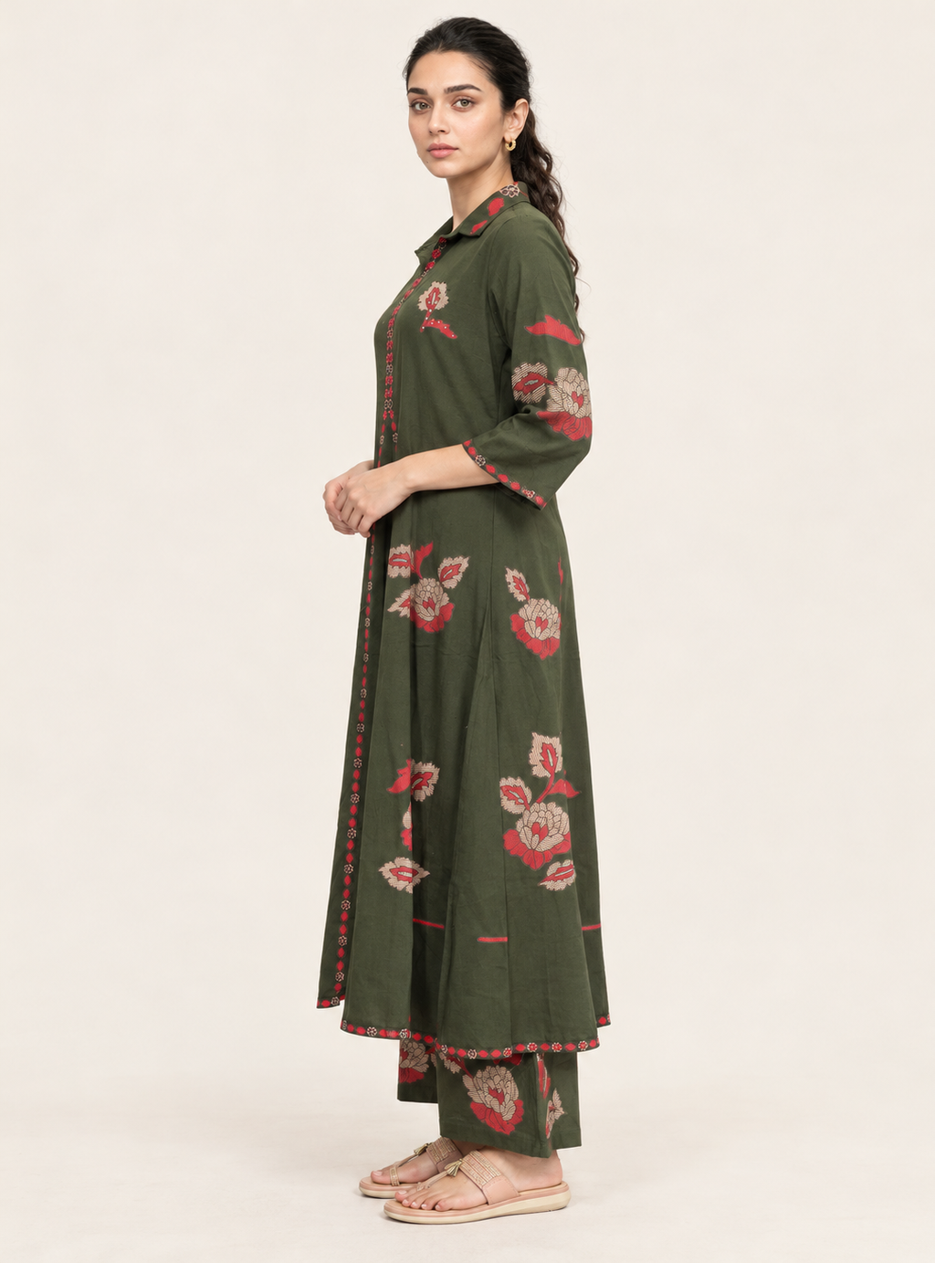 Olive Atelier Green Linen Blend Layered A-Line Co-Ord Set
