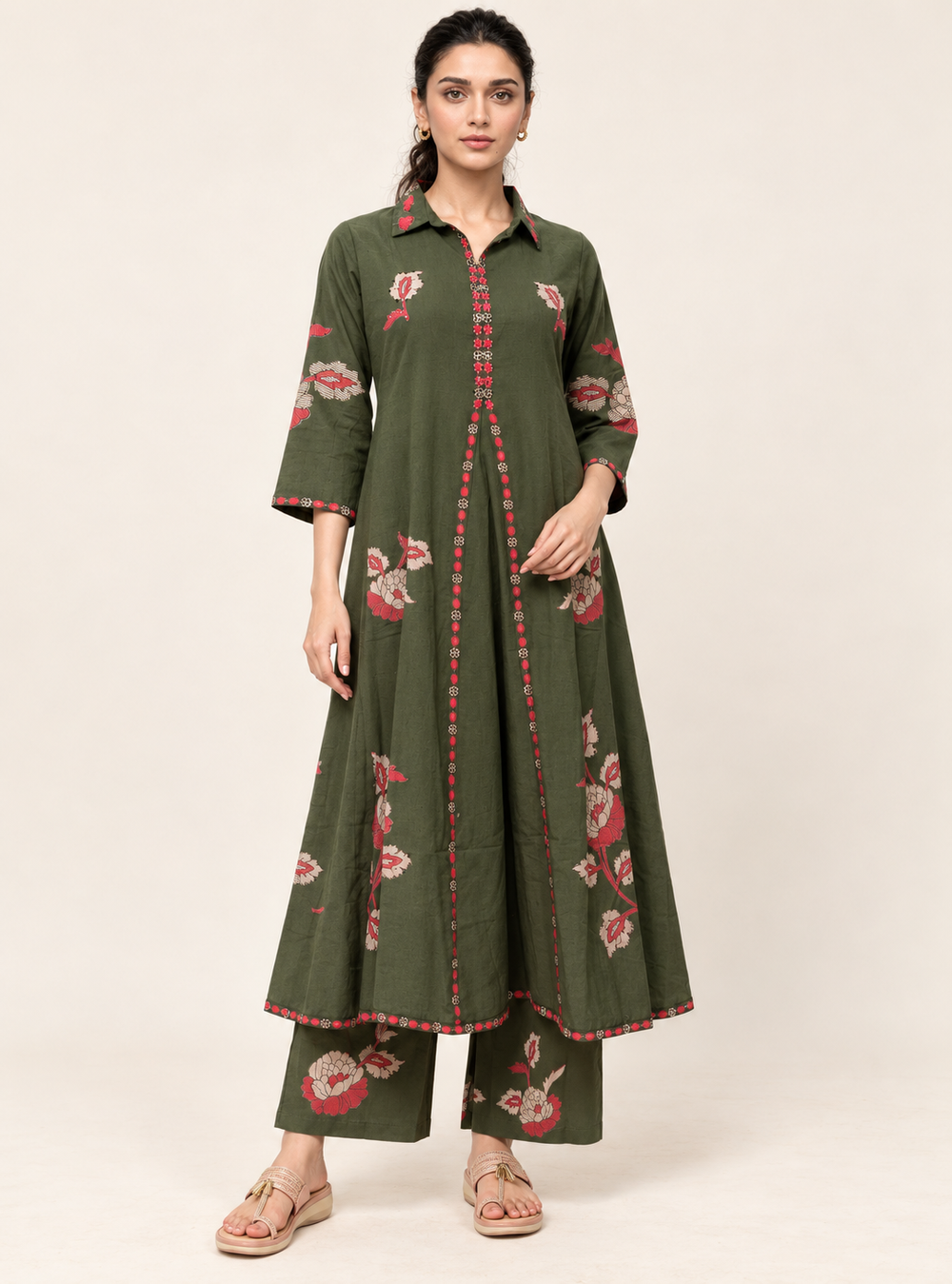 Olive Atelier Green Linen Blend Layered A-Line Co-Ord Set