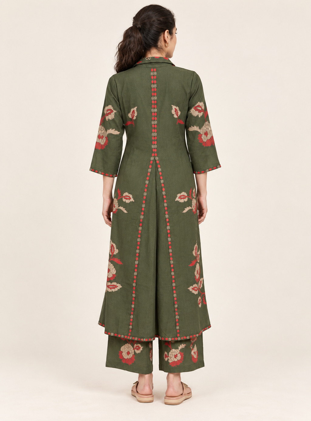 Olive Atelier Green Linen Blend Layered A-Line Co-Ord Set