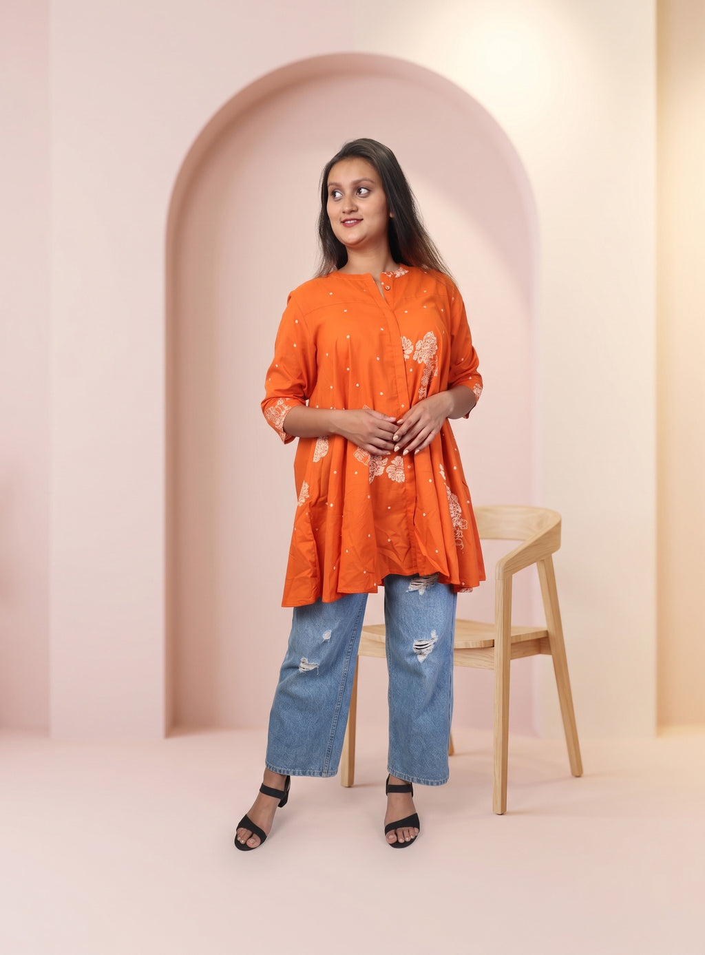 Orange cotton printed short kurti