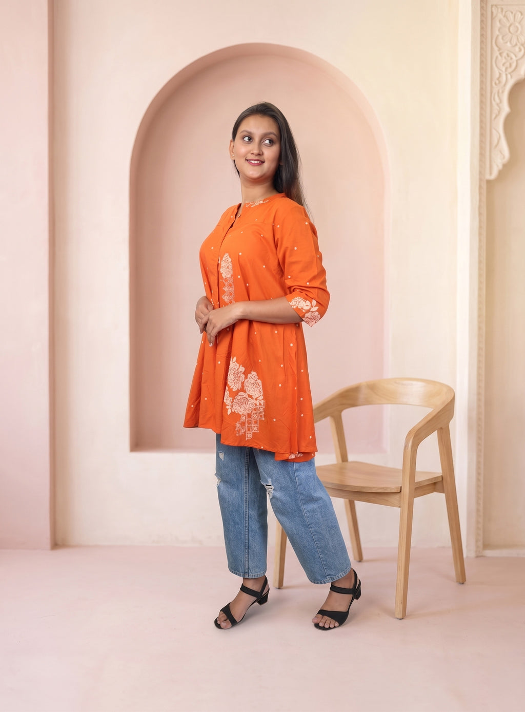 Orange cotton printed short kurti