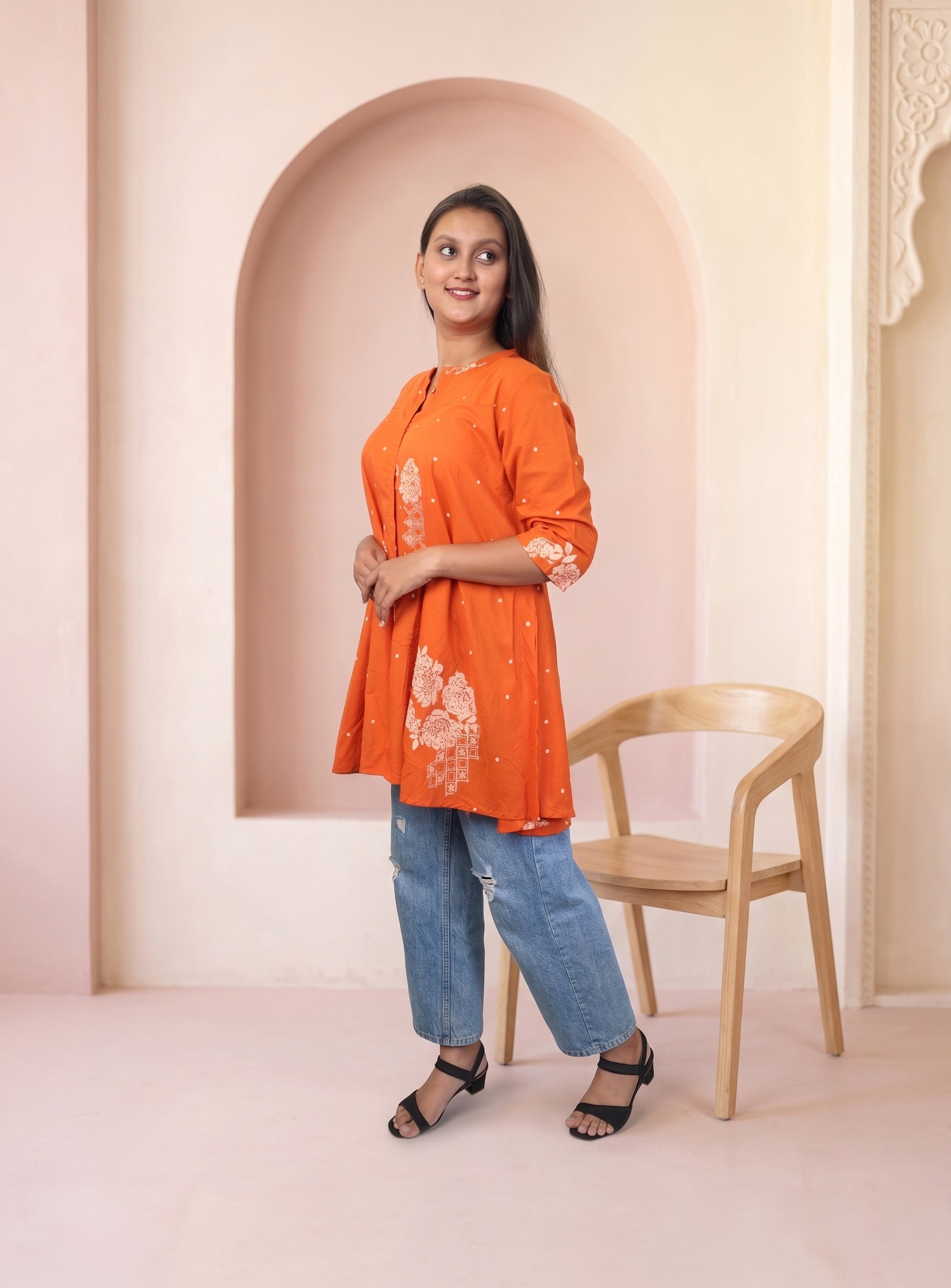 Orange cotton printed short kurti