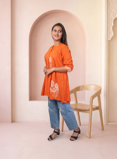Citrus Bloom Orange Printed Cotton Short Kurti